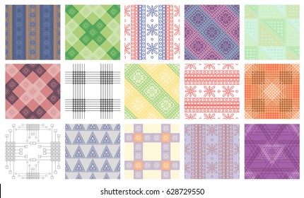 Set of seamless vector geometric colorful patterns with ornamental elements,endless background with ethnic motifs. Graphic vector illustration. Series- sets of vector seamless patterns. 