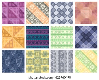 Set of seamless vector geometric colorful patterns with ornamental elements,endless background with ethnic motifs. Graphic vector illustration. Series- sets of vector seamless patterns. 