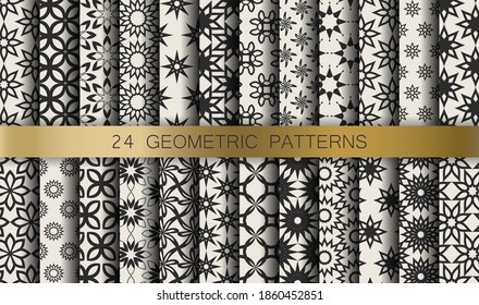 Set of seamless vector geometric patterns. Collection black and white abstract geometrical backgrounds for design, fabric, textile, wrapping etc.