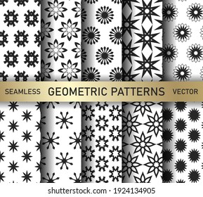Set of seamless vector geometric patterns. Collection black and white abstract geometrical backgrounds for design, fabric, textile, wrapping etc.