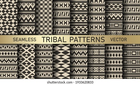 Set seamless vector geometric patterns. Collection of tribal backgrounds. Folk shapes pattern. For fabric, textile, wrapping, cover etc.