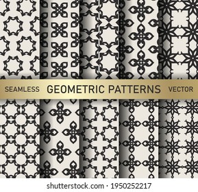 Set of seamless vector geometric patterns. Collection black and white floral geometrical backgrounds for design, fabric, textile, wrapping etc.
