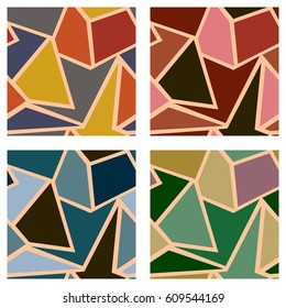 Set of seamless vector geometric patterns. Background with triangles in pastel beige and brown colors. Graphic illustration.