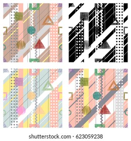 Set of seamless vector geometrical abstract patterns with lines, dots, diagonal stripes. Endless backgrounds with different hand drawn geometric figures.
