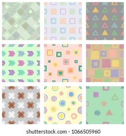 Set of seamless vector geometrical patterns with different geometric figures, forms. pastel endless background with hand drawn textured geometric figures. Graphic vector illustration