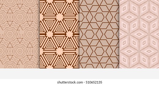 Set of seamless vector geometrical patterns. A series of lines and shapes. Modern design for backgrounds, wallpaper, invitations. Brown color