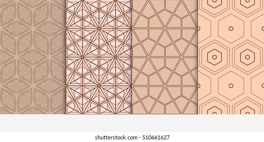 Set of seamless vector geometrical patterns. A series of lines and shapes. Modern design for backgrounds, wallpaper, invitations. Brown color