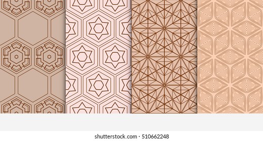 Set of seamless vector geometrical patterns. A series of lines and shapes. Modern design for backgrounds, wallpaper, invitations. Brown color