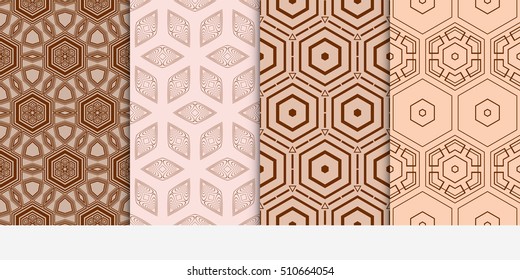Set of seamless vector geometrical patterns. A series of lines and shapes. Modern design for backgrounds, wallpaper, invitations. Brown color