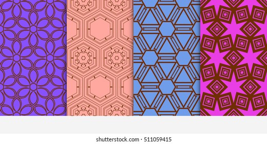 Set of seamless vector geometrical patterns. lines and shapes. Modern design for backgrounds, wallpaper, invitations. blue, purple color