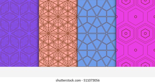 Set of seamless vector geometrical patterns. lines and shapes. Modern design for backgrounds, wallpaper, invitations. blue, purple color
