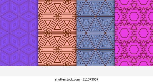 Set of seamless vector geometrical patterns. lines and shapes. Modern design for backgrounds, wallpaper, invitations. blue, purple color