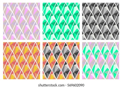 Set of seamless vector geometrical patterns. Symmetrical backgrounds with rhombus. Polygonal design. Geometric triangular origami style, graphic vector illustration. 