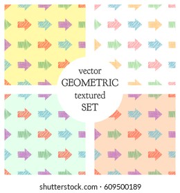 Set of seamless vector geometrical patterns with arrows. pastel endless background with hand drawn textured geometric figures. Graphic vector illustration