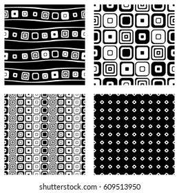 Set of seamless vector geometrical patterns. Endless background with hand drawn ornamental tribal elements. Black and white graphic vector illustration with ethnic motifs. 