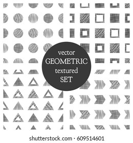 Set of seamless vector geometrical patterns with triangles, circle, squares. Black and white pastel endless background with hand drawn textured geometric figures. Graphic vector illustration