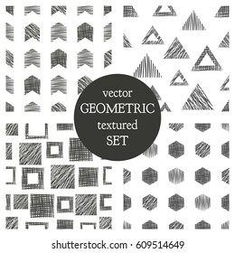 Set of seamless vector geometrical patterns with triangles, circle, squares. Black and white pastel endless background with hand drawn textured geometric figures. Graphic vector illustration