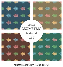 Set of seamless vector geometrical patterns with arrows. pastel endless background with hand drawn textured geometric figures. Graphic vector illustration