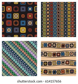 Set of seamless vector geometrical patterns. Endless background with hand drawn ornamental squares, circles. Graphic vector illustration with ethnic tribal motifs. Repeat print for cover, fabric, 