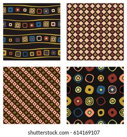 Set of seamless vector geometrical patterns. Endless background with hand drawn ornamental squares, circles. Graphic vector illustration with ethnic tribal motifs. Repeat print for cover, fabric, 