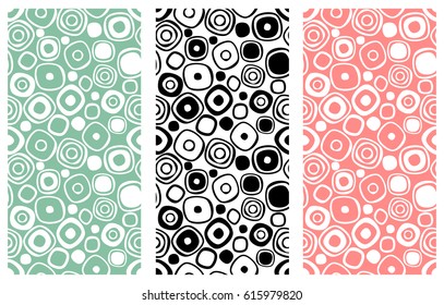 Set of seamless vector geometrical patterns. Endless colorful and black, white backgrounds with hand drawn circles. Graphic illustration. Template for cover, fabric, wrapping, print.