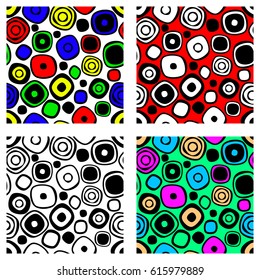 Set of seamless vector geometrical patterns. Endless colorful and black, white backgrounds with hand drawn circles. Graphic illustration. Template for cover, fabric, wrapping, print.