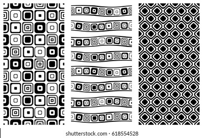 Set of seamless vector geometrical patterns. Endless background with hand drawn ornamental tribal elements. Black and white graphic vector illustration with ethnic motifs. Print for fabric, wrapping