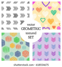 Set of seamless vector geometrical patterns with different geometric figures, forms. pastel endless background with hand drawn textured geometric figures. Graphic vector illustration.