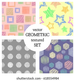 Set of seamless vector geometrical patterns with different geometric figures, forms. pastel endless background with hand drawn textured geometric figures. Graphic vector illustration.