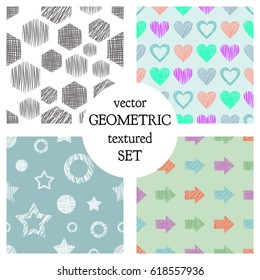 Set of seamless vector geometrical patterns with different geometric figures, forms. pastel endless background with hand drawn textured geometric figures. Graphic vector illustration.