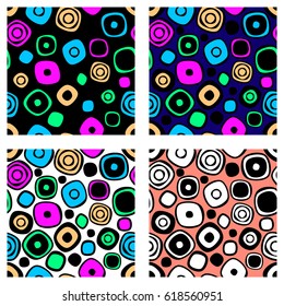 Set of seamless vector geometrical patterns. Endless colorful and black, white backgrounds with hand drawn circles. Graphic illustration. Template for cover, fabric, wrapping, print