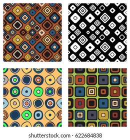 Set of seamless vector geometrical patterns. Endless background with hand drawn ornamental squares, circles. Graphic vector illustration with ethnic tribal motifs. Print for cover, fabric, wrapping.
