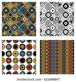 Set of seamless vector geometrical patterns. Endless background with hand drawn ornamental squares, circles. Graphic vector illustration with ethnic tribal motifs. Print for cover, fabric, wrapping.