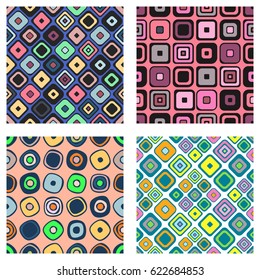 Set of seamless vector geometrical patterns. Endless background with hand drawn ornamental squares, circles. Graphic vector illustration with ethnic tribal motifs. Print for cover, fabric, wrapping.