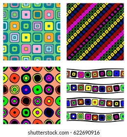 Set of seamless vector geometrical patterns. Endless background with hand drawn ornamental squares, circles. Graphic vector illustration with ethnic tribal motifs. Print for cover, fabric, wrapping.