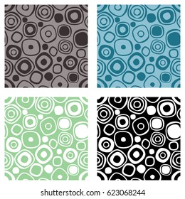 Set of seamless vector geometrical patterns. Endless colorful and black, white backgrounds with hand drawn circles. Graphic illustration. Template for cover, fabric, wrapping, print.