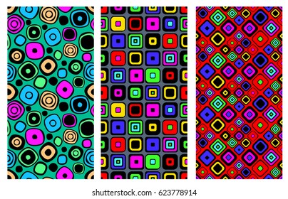 Set of seamless vector geometrical patterns. Endless background with hand drawn ornamental squares, circles. Graphic vector illustration with ethnic tribal motifs. Print for cover, fabric, wrapping.