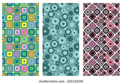 Set of seamless vector geometrical patterns. Endless background with hand drawn ornamental squares, circles. Graphic vector illustration with ethnic tribal motifs. Print for cover, fabric, wrapping.
