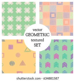 Set of seamless vector geometrical patterns with different geometric figures, forms. pastel endless background with hand drawn textured geometric figures. Graphic vector illustration