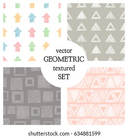 Set of seamless vector geometrical patterns with different geometric figures, forms. pastel endless background with hand drawn textured geometric figures. Graphic vector illustration