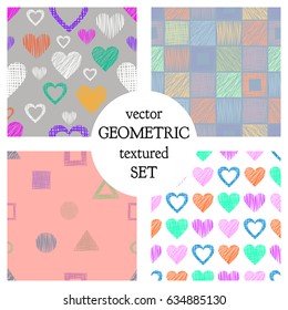 Set of seamless vector geometrical patterns with different geometric figures, forms. pastel endless background with hand drawn textured geometric figures. Graphic vector illustration