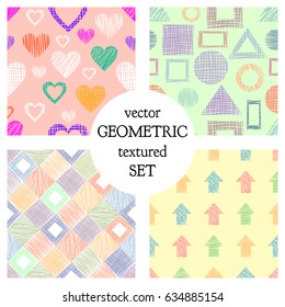 Set of seamless vector geometrical patterns with different geometric figures, forms. pastel endless background with hand drawn textured geometric figures. Graphic vector illustration