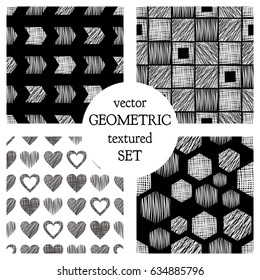 Set of seamless vector geometrical patterns with different geometric figures, forms. pastel endless background with hand drawn textured geometric figures. Graphic vector illustration