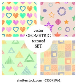 Set of seamless vector geometrical patterns with different geometric figures, forms. pastel endless background with hand drawn textured geometric figures. Graphic vector illustration