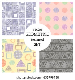 Set of seamless vector geometrical patterns with different geometric figures, forms. pastel endless background with hand drawn textured geometric figures. Graphic vector illustration