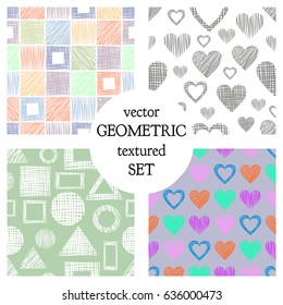 Set of seamless vector geometrical patterns with different geometric figures, forms. pastel endless background with hand drawn textured geometric figures. Graphic vector illustration