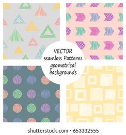 Set of seamless vector geometrical patterns with different geometric figures, forms. pastel endless background with hand drawn textured geometric figures. Graphic vector illustration