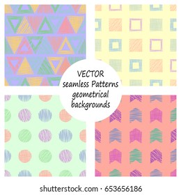 Set of seamless vector geometrical patterns with different geometric figures, forms. pastel endless background with hand drawn textured geometric figures. Graphic vector illustration
