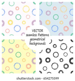 Set of seamless vector geometrical patterns with different geometric figures, forms. pastel endless background with hand drawn textured geometric figures. Graphic vector illustration