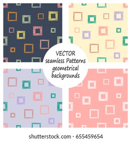 Set of seamless vector geometrical patterns with different geometric figures, forms. pastel endless background with hand drawn textured geometric figures. Graphic vector illustration